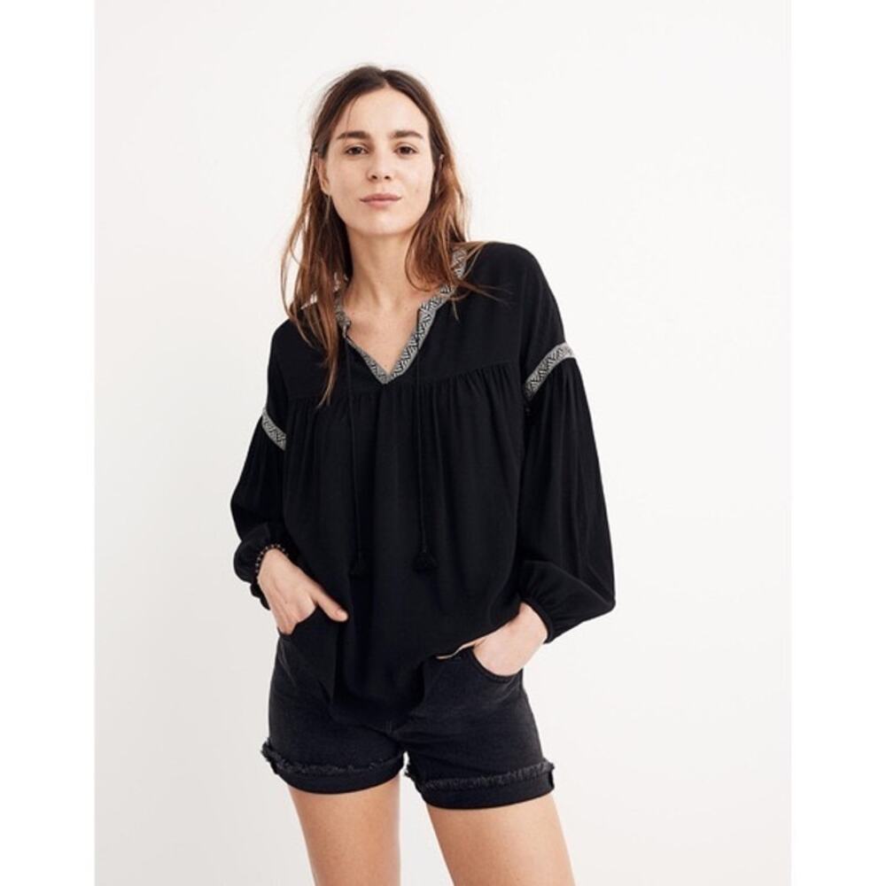 Madewell Embroidered Trim Peasant Boho Blouse Black XXS